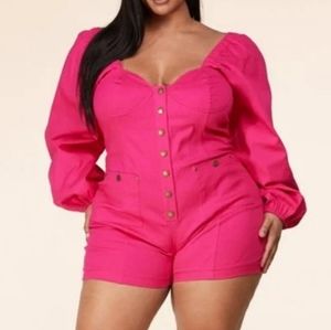 L'atiste By Amy NWT Denim Romper Button Front Puff Sleeve Pockets Pink 3X